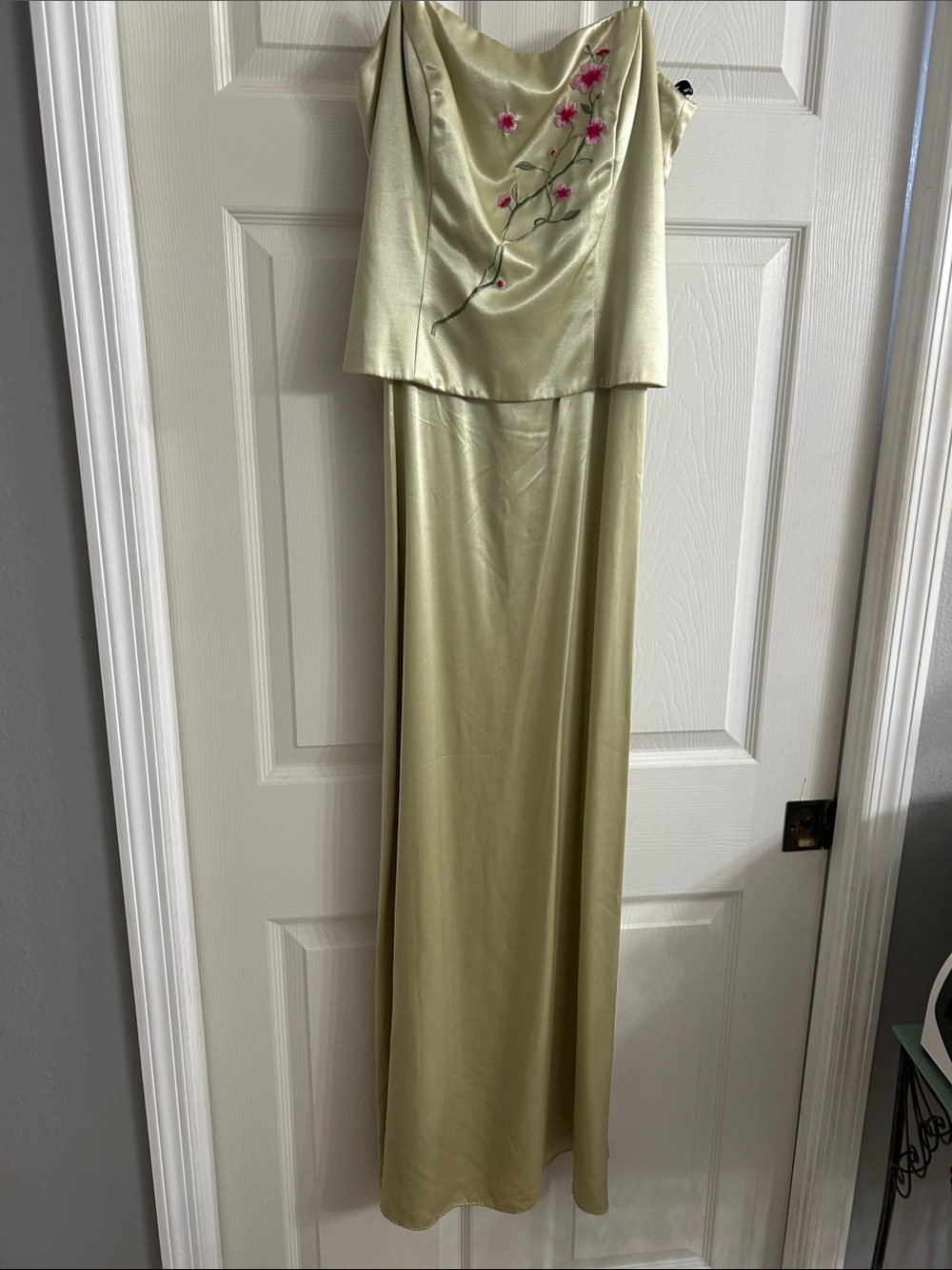 Strapless Glistening Sage Green Embroidered Satin Evening Dress